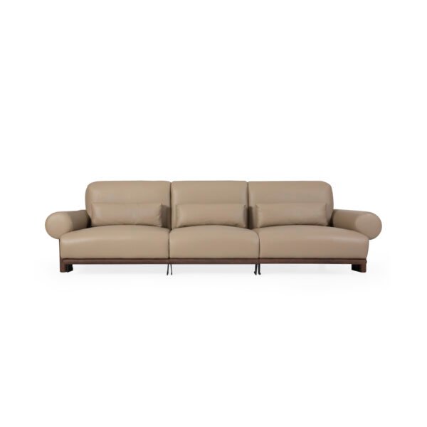 Contemporary ash wood sofa 3-seater in sandy beige top grain cowhide, modular contract seating