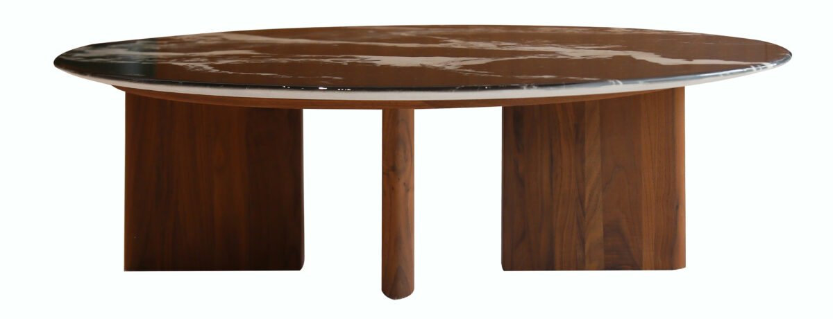 Coffee table with marble top, side view