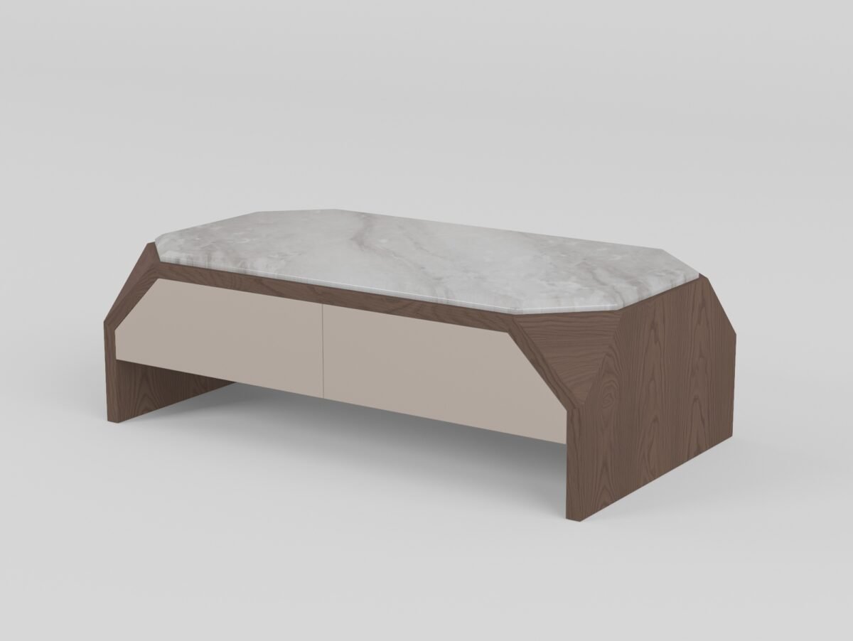 Coffee table in artistic grey marble finish, front view