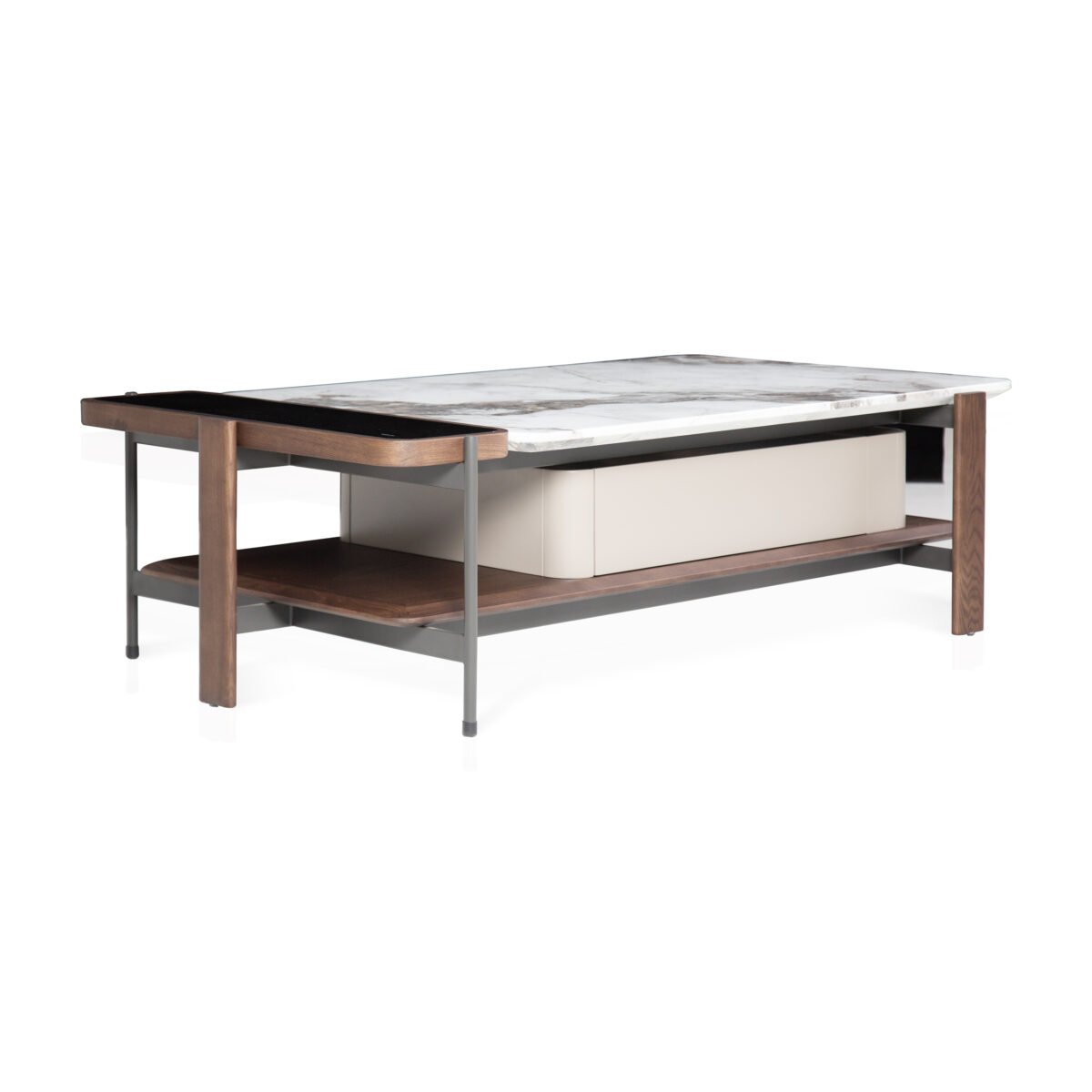 Coffee table in agarwood ink finish, side view