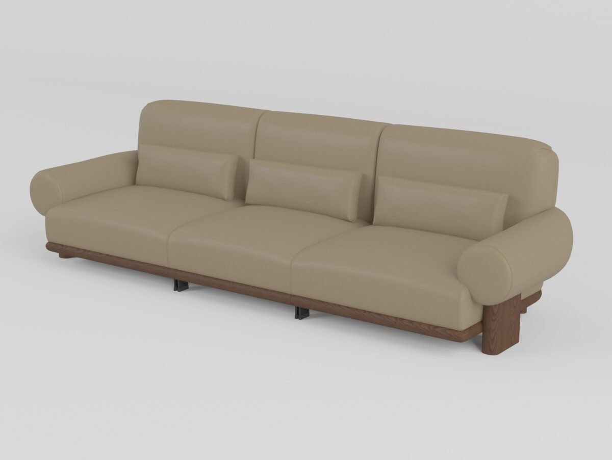Contemporary ash wood sofa 3-seater in sandy beige top grain cowhide, modular contract seating