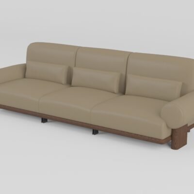 Contemporary ash wood sofa 3-seater in sandy beige top grain cowhide, modular contract seating