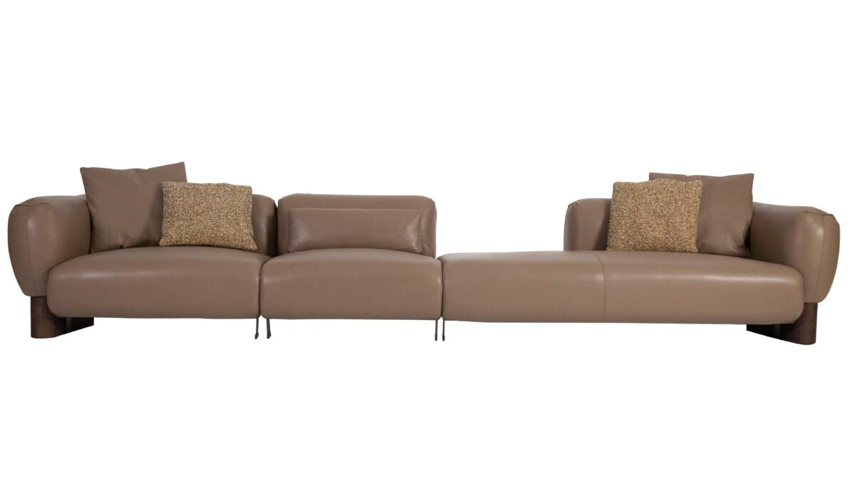 Low profile modular sofa four-seater linear white background side profile warm taupe cowhide 3230mm length