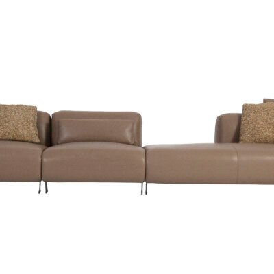 Low profile modular sofa four-seater linear white background side profile warm taupe cowhide 3230mm length