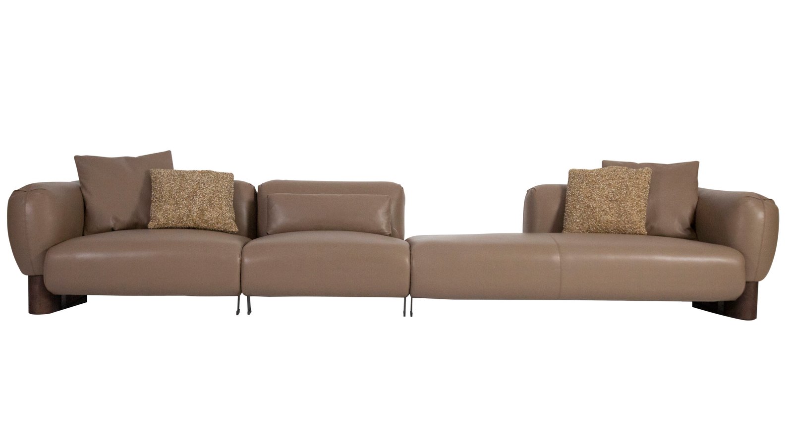 Low profile modular sofa four-seater linear white background side profile warm taupe cowhide 3230mm length