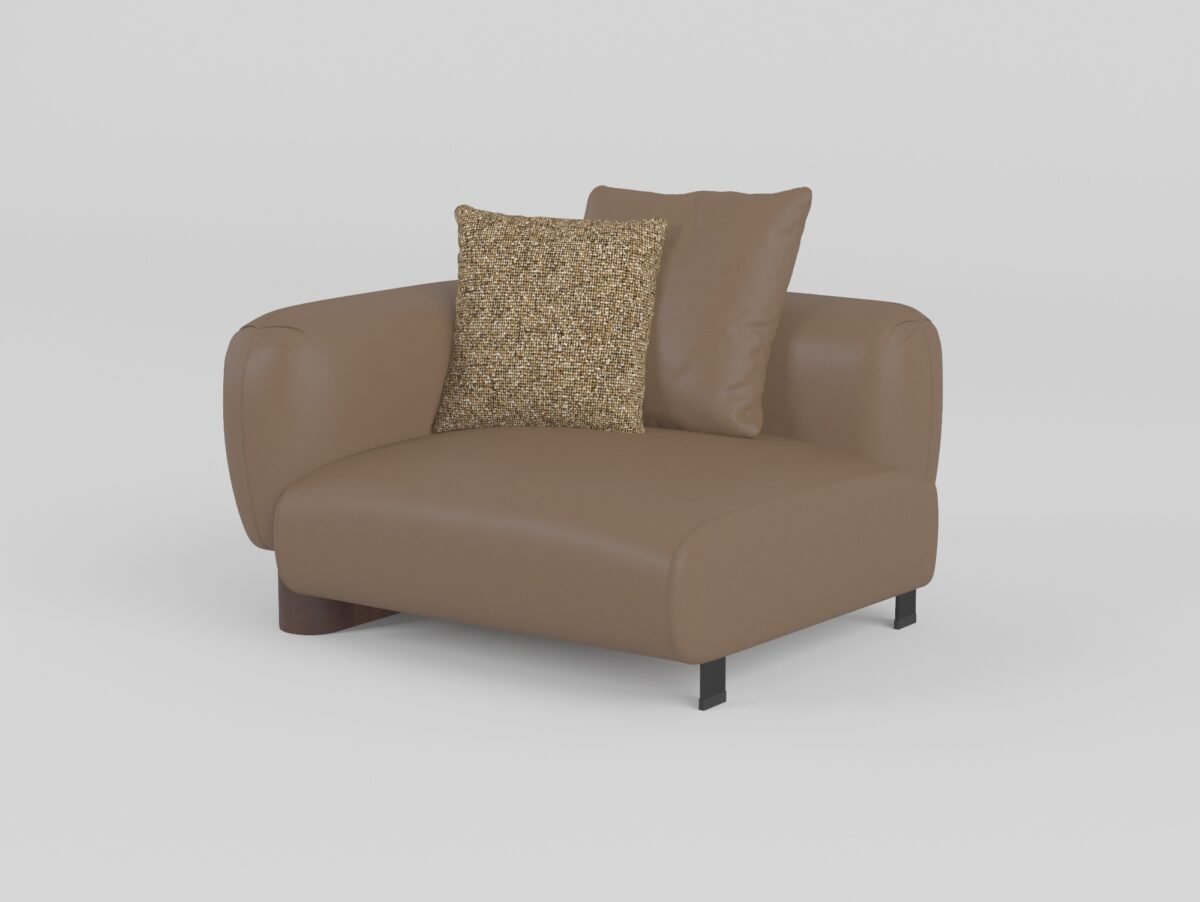 Low profile modular sofa right-arm single seat unit warm taupe cowhide walnut ash wood base with boucle cushion