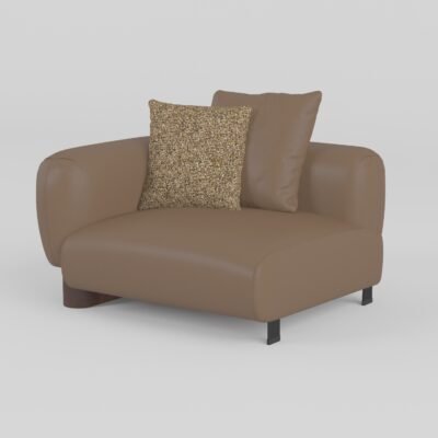 Low profile modular sofa right-arm single seat unit warm taupe cowhide walnut ash wood base with boucle cushion
