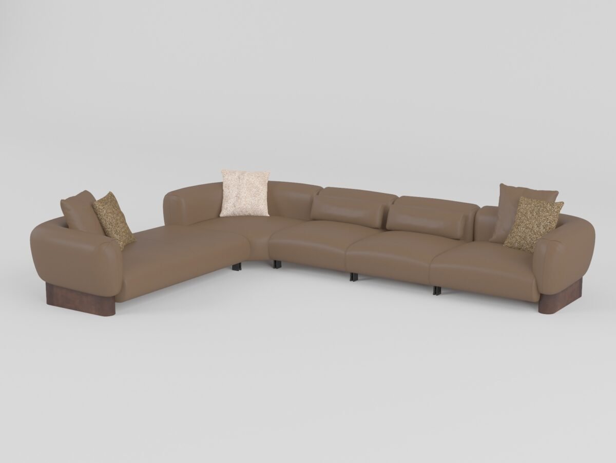 Low profile modular sofa full L-shape configuration with corner unit warm taupe cowhide luxury lounge