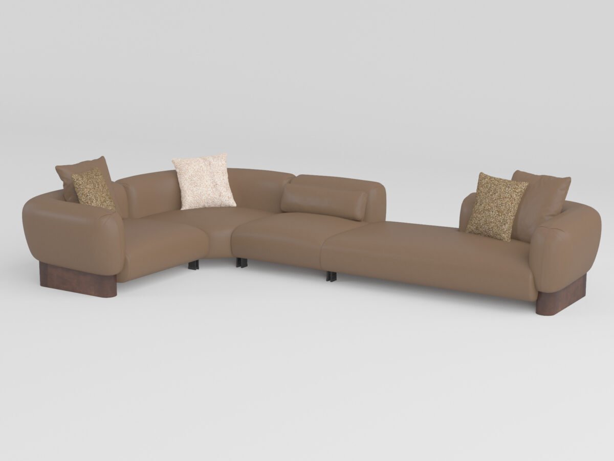 Low profile modular sofa corner plus chaise configuration warm taupe cowhide alternate angle contract seating