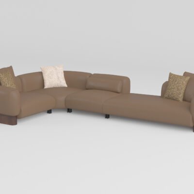 Low profile modular sofa corner plus chaise configuration warm taupe cowhide alternate angle contract seating