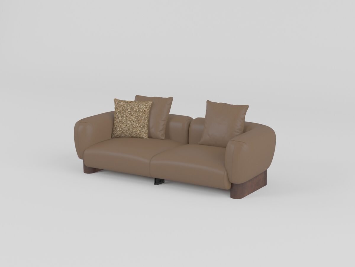 Low profile modular sofa three-seater with armrests warm taupe cowhide walnut base front view 2380x1040x670mm
