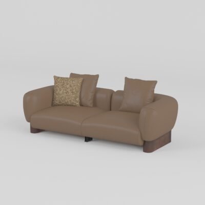 Low profile modular sofa three-seater with armrests warm taupe cowhide walnut base front view 2380x1040x670mm