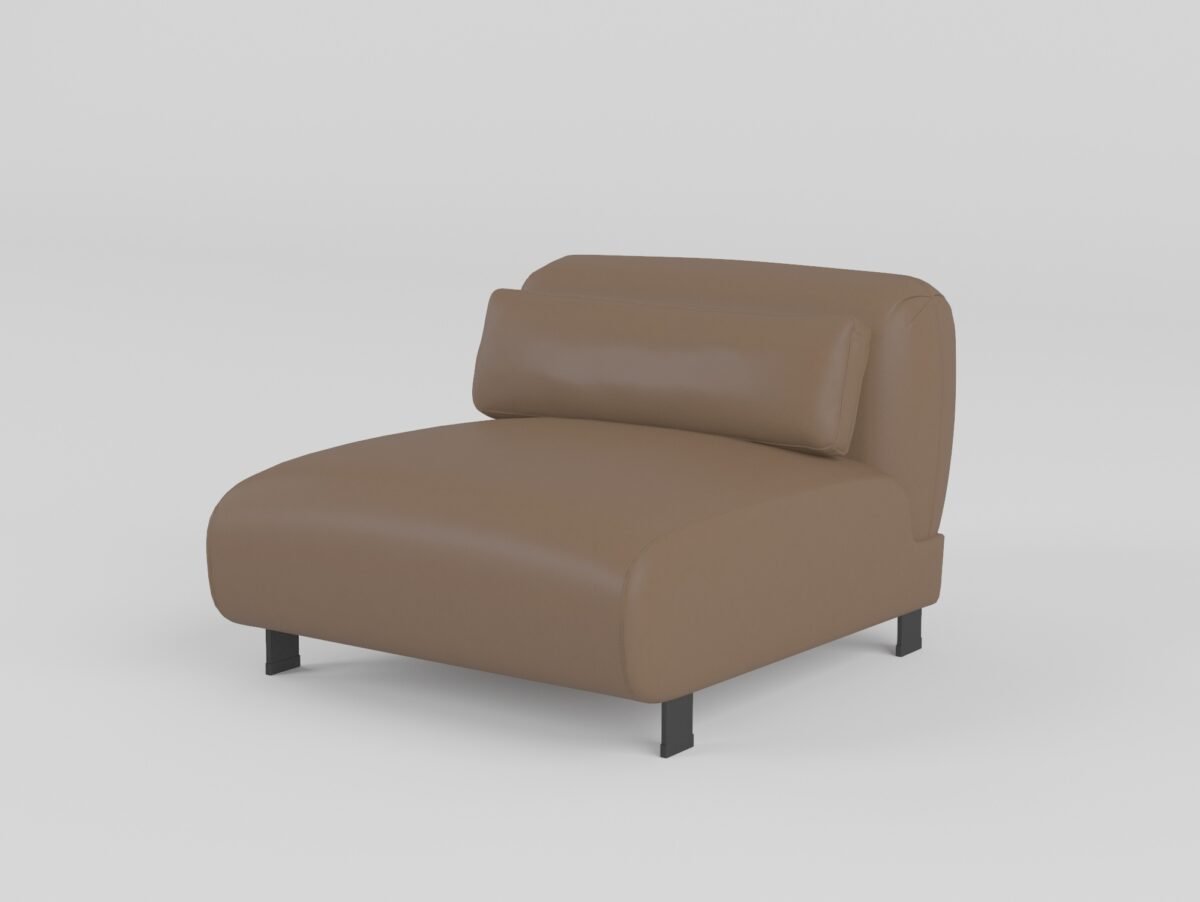 Low profile modular sofa armless single seat unit warm taupe cowhide black metal legs lumbar roll cushion