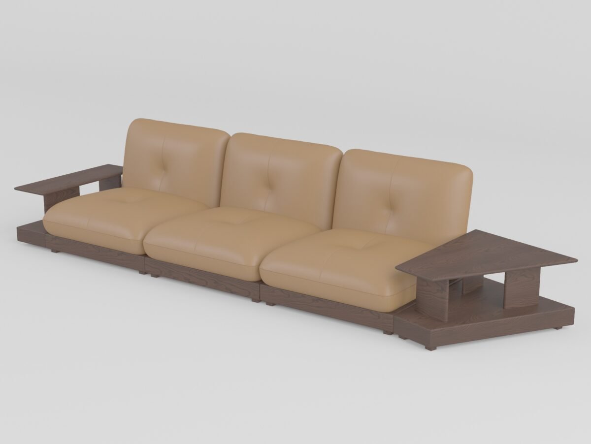 Armless modular sofa with coffee table three-seater armrests coffee table full composition ash wood cowhide