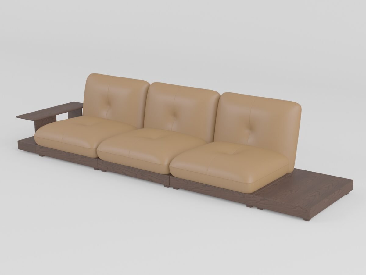 Armless modular sofa with coffee table three-seater armrests side table composition ash wood cowhide system