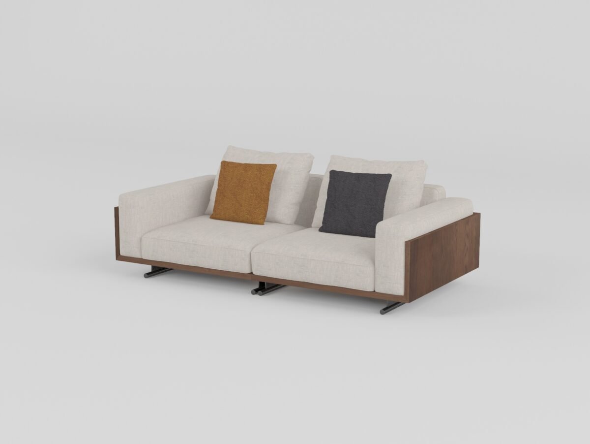 Ash wood panel sofa with sled base fabric three-seater 222x108x88cm ivory cream cotton linen walnut ash wood