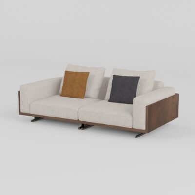 Ash wood panel sofa with sled base fabric three-seater 222x108x88cm ivory cream cotton linen walnut ash wood