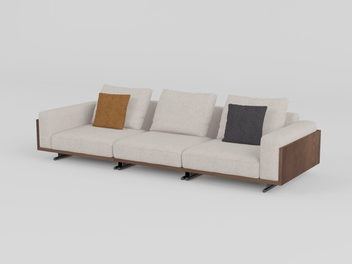 Ash wood panel sofa with sled base fabric four-seater 312x108x88cm ivory cream cotton linen walnut ash wood