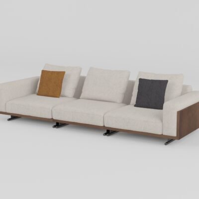 Ash wood panel sofa with sled base fabric four-seater 312x108x88cm ivory cream cotton linen walnut ash wood