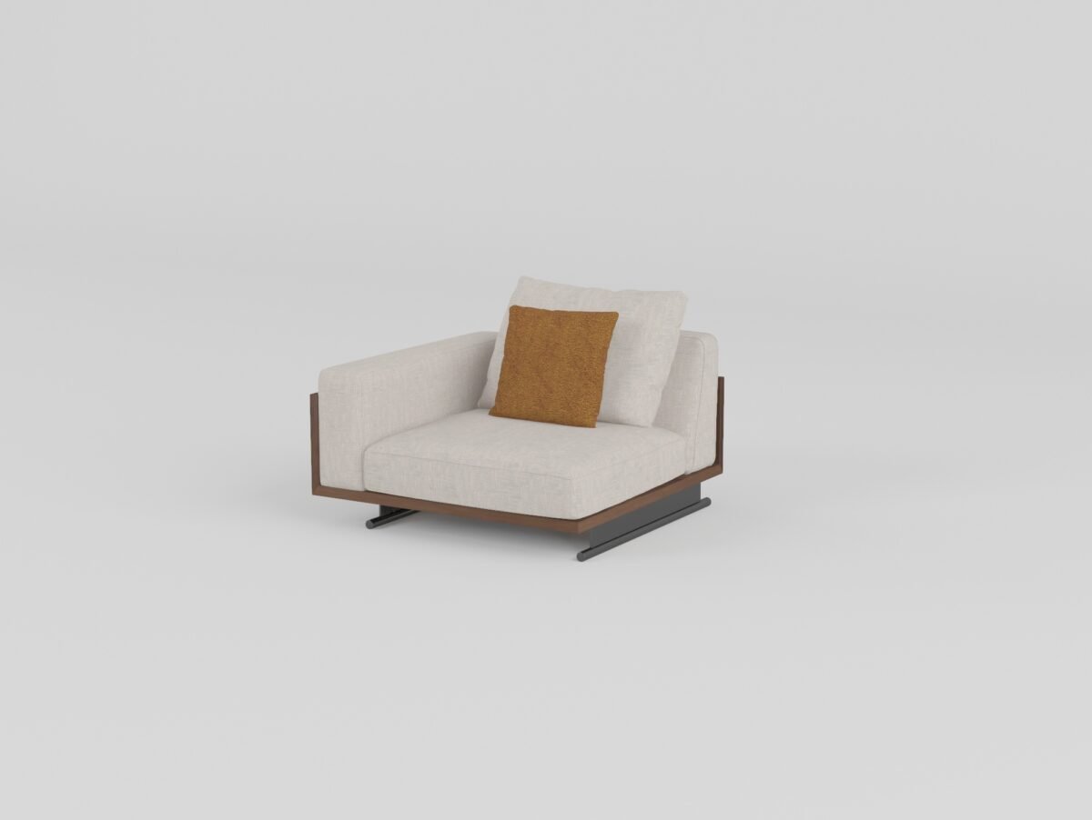 Ash wood panel sofa with sled base fabric right-arm single unit ivory cream cotton linen walnut panel sled