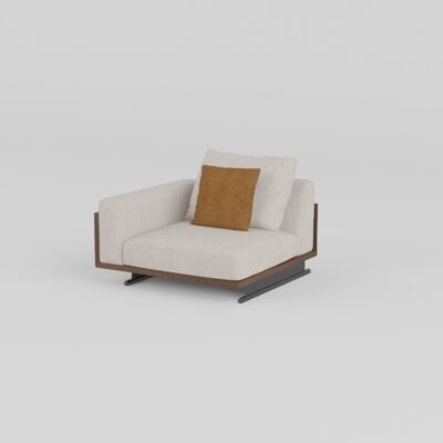 Ash wood panel sofa with sled base fabric right-arm single unit ivory cream cotton linen walnut panel sled