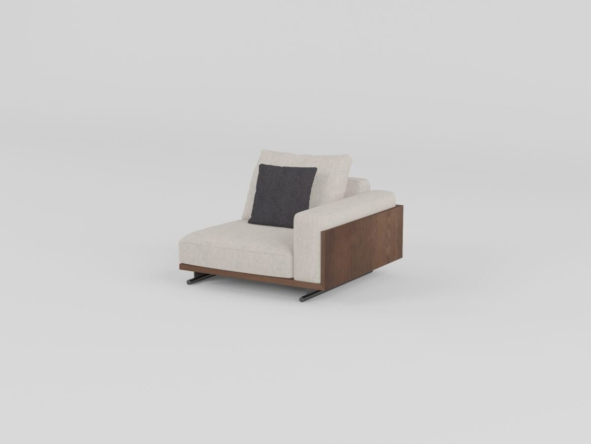 Ash wood panel sofa with sled base fabric left-arm single unit ivory cream cotton linen walnut panel