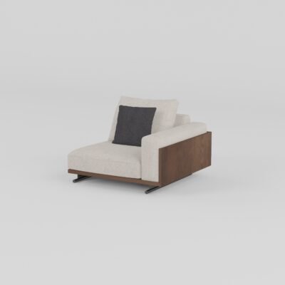 Ash wood panel sofa with sled base fabric left-arm single unit ivory cream cotton linen walnut panel