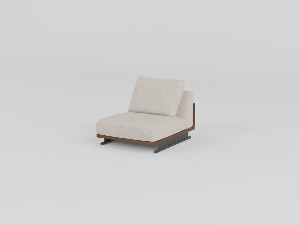 Ash wood panel sofa with sled base fabric armless single unit ivory cream cotton linen walnut ash wood panel