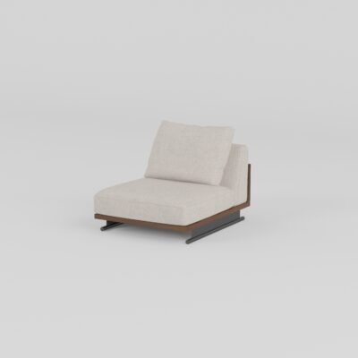 Ash wood panel sofa with sled base fabric armless single unit ivory cream cotton linen walnut ash wood panel