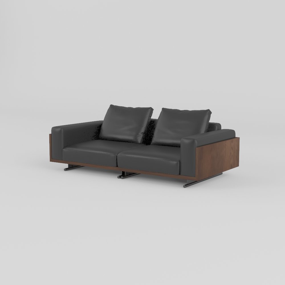 Ash wood panel sofa with sled base leather three-seater 222x108x88cm charcoal dark cowhide walnut ash wood