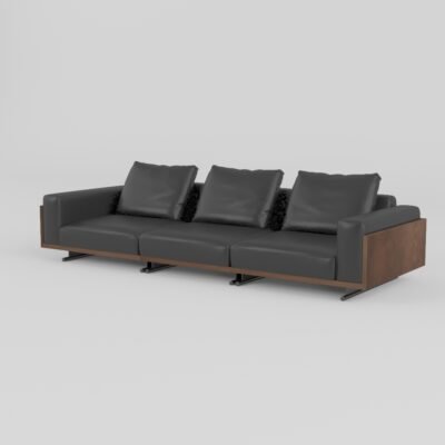 Ash wood panel sofa with sled base leather four-seater 312x108x88cm charcoal dark cowhide walnut panel