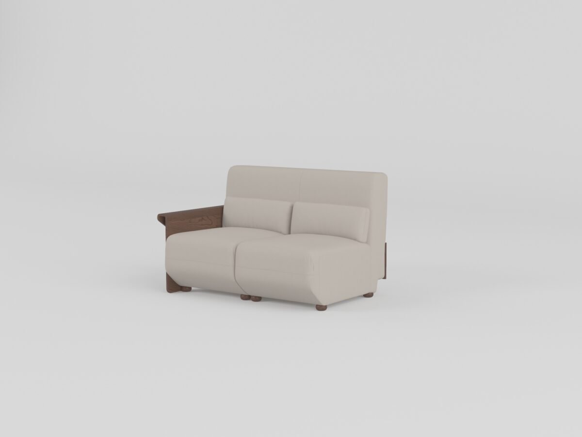 Cowhide sofa with sculptural ash wood armrests single-arm unit pearl stone leather hazelnut ash wood