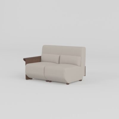 Cowhide sofa with sculptural ash wood armrests single-arm unit pearl stone leather hazelnut ash wood