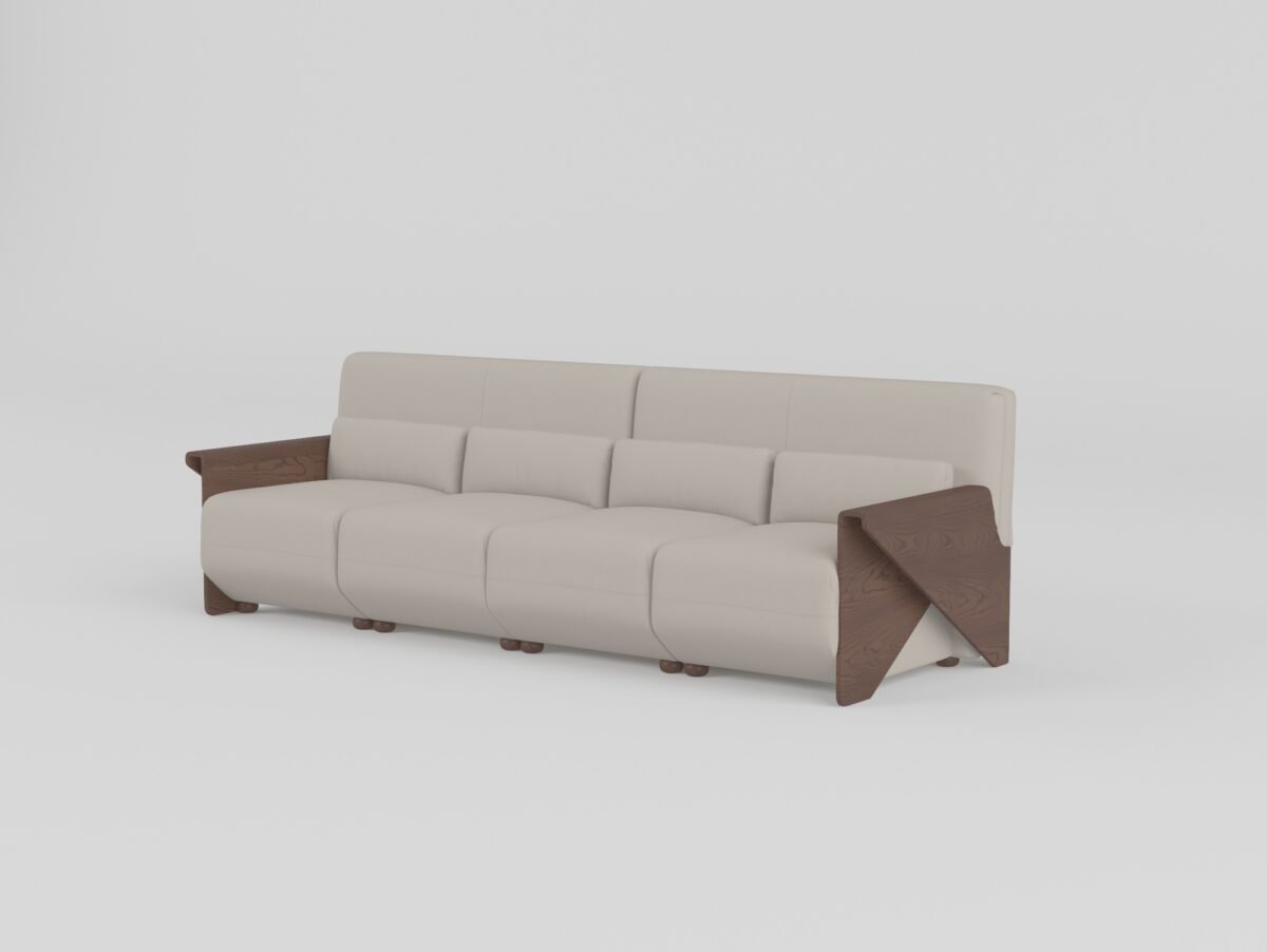 Cowhide sofa with sculptural ash wood armrests single-arm unit alternate angle pearl stone cowhide