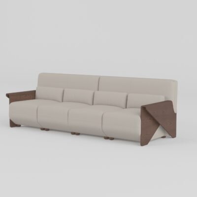 Cowhide sofa with sculptural ash wood armrests single-arm unit alternate angle pearl stone cowhide
