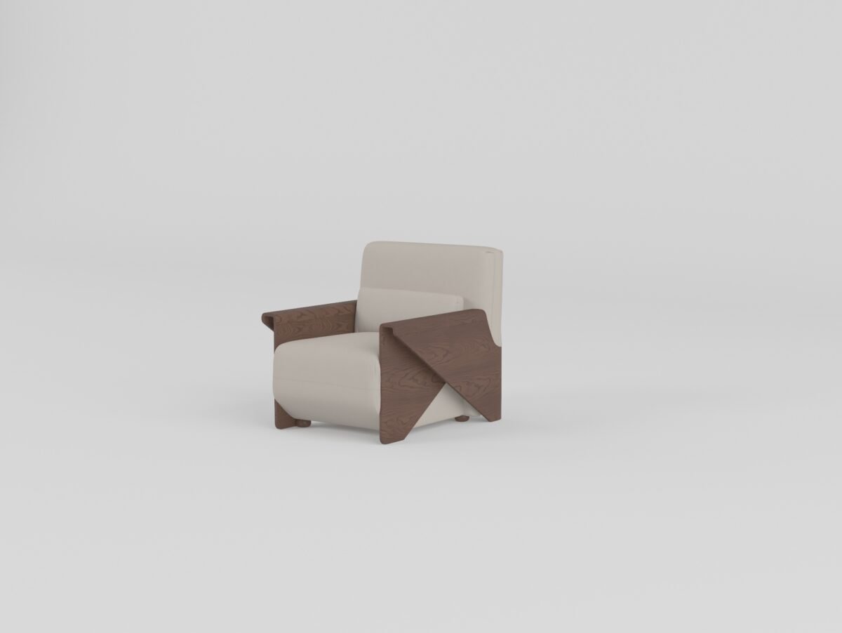 Cowhide sofa with sculptural ash wood armrests double-arm unit front view pearl stone cowhide hazelnut ash