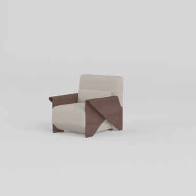 Cowhide sofa with sculptural ash wood armrests double-arm unit front view pearl stone cowhide hazelnut ash