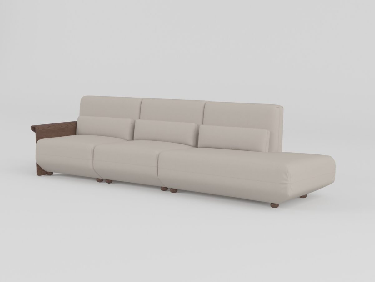 Cowhide sofa with sculptural ash wood armrests single-arm armless corner configuration pearl stone leather