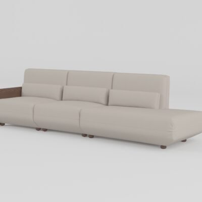 Cowhide sofa with sculptural ash wood armrests single-arm armless corner configuration pearl stone leather