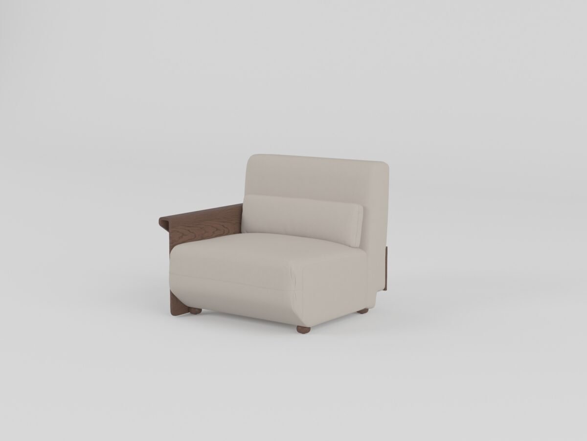 Cowhide sofa with sculptural ash wood armrests single-arm isolated unit pearl stone cowhide hazelnut ash
