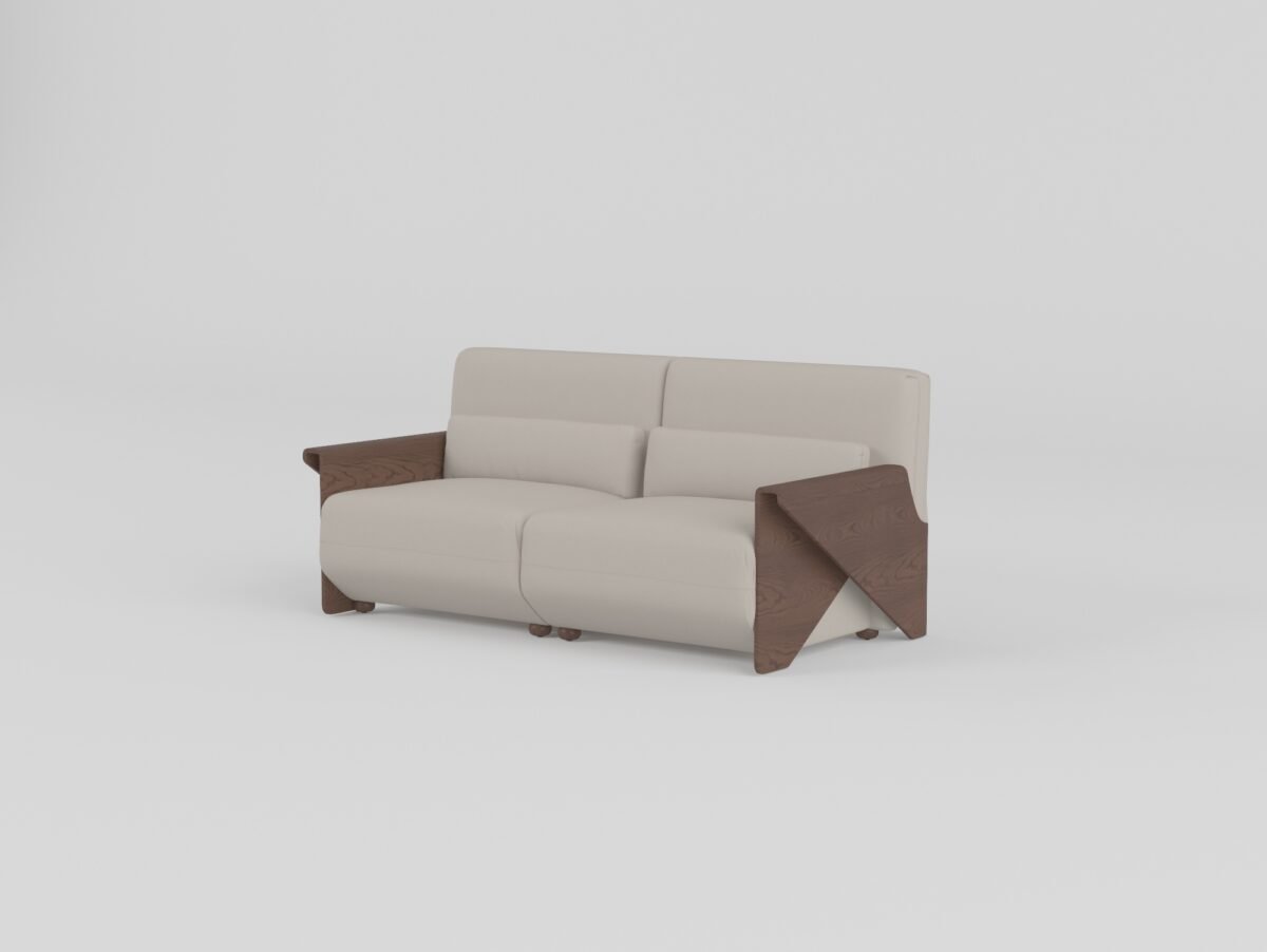 Cowhide sofa with sculptural ash wood armrests three-seater 176x92x80cm pearl stone cowhide hazelnut ash wood