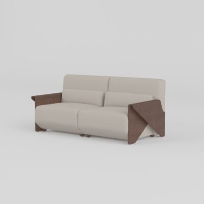 Cowhide sofa with sculptural ash wood armrests three-seater 176x92x80cm pearl stone cowhide hazelnut ash wood