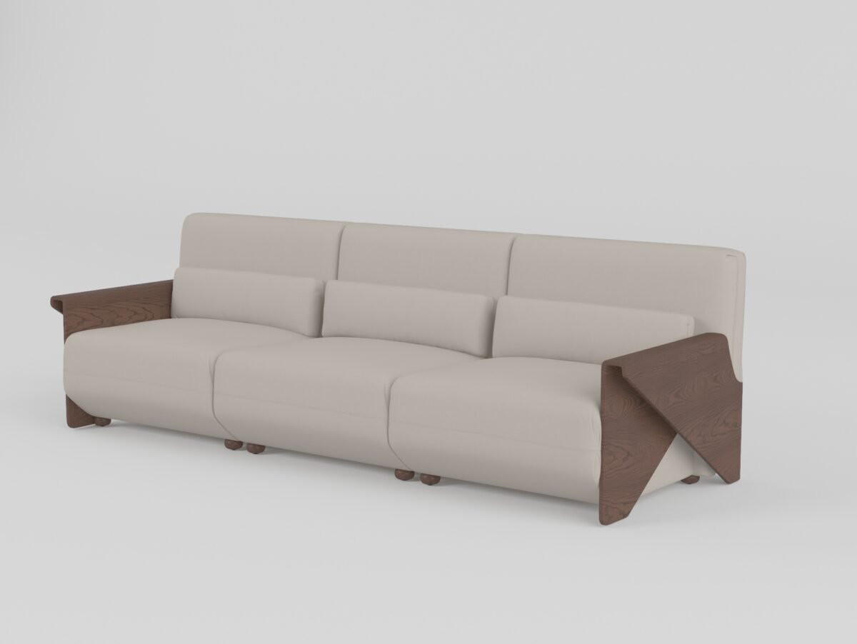 Cowhide sofa with sculptural ash wood armrests four-seater 256x92x80cm pearl stone cowhide hazelnut ash