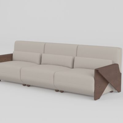 Cowhide sofa with sculptural ash wood armrests four-seater 256x92x80cm pearl stone cowhide hazelnut ash