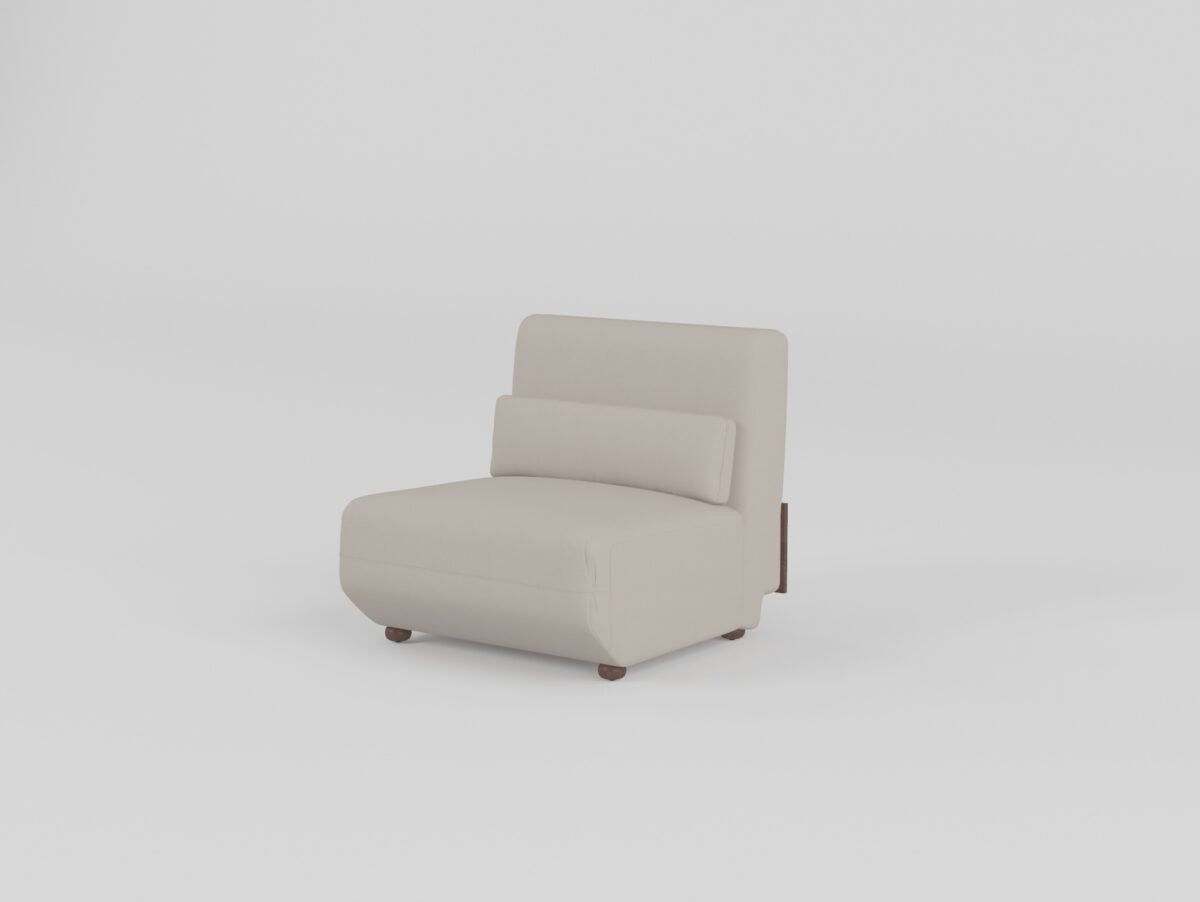 Cowhide sofa with sculptural ash wood armrests armless single unit pearl stone cowhide round ash wood feet
