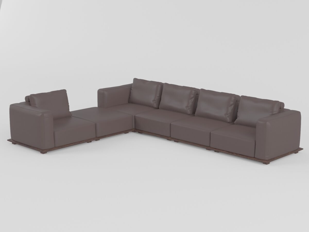 Modular leather sofa with ash wood frame right and left one-seaters with ottoman