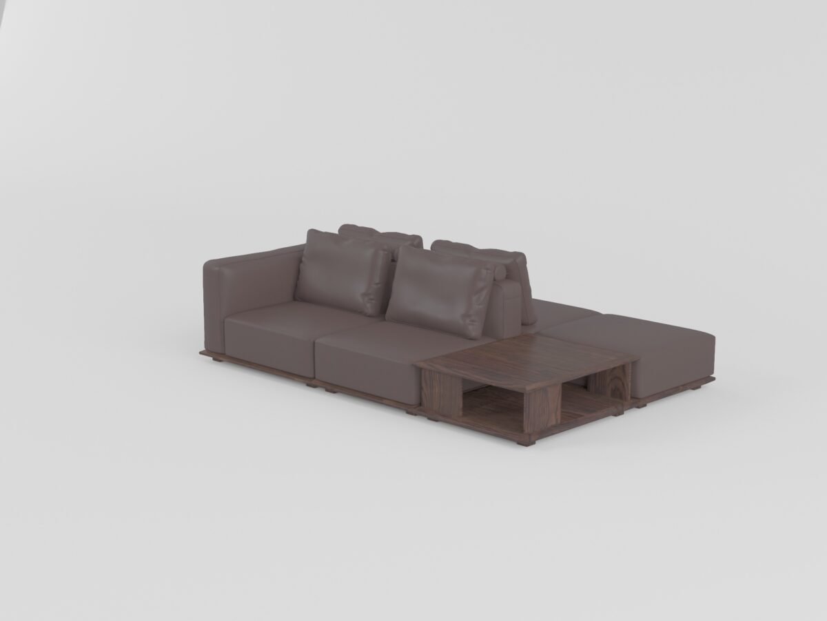 Modular leather sofa with ash wood frame corner configuration with wood armrest