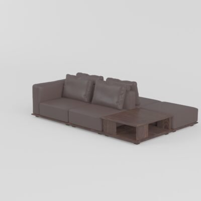 Modular leather sofa with ash wood frame corner configuration with wood armrest
