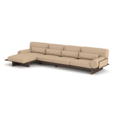 Cowhide sofa on ash wood platform base three-seater armless chaise full set 370x170x82cm champagne sand leather