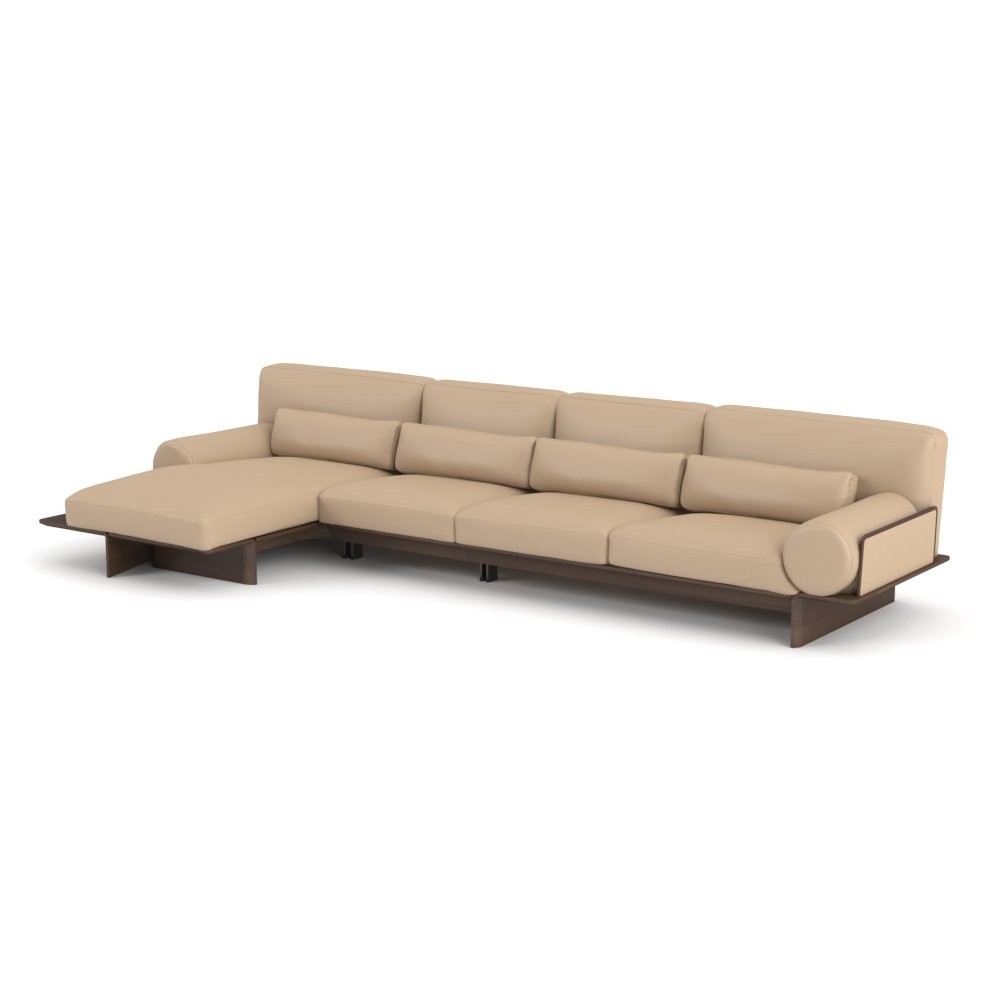 Cowhide sofa on ash wood platform base three-seater armless chaise full set 370x170x82cm champagne sand leather
